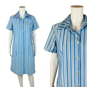Vintage 1960s Blue White Striped Dress Button Down Shift | B 41"